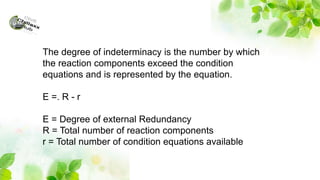 The degree of indeterminacy is the number by which
the reaction components exceed the condition
equations and is represented by the equation.
E =. R - r
E = Degree of external Redundancy
R = Total number of reaction components
r = Total number of condition equations available
 