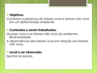  Objetivos:Objetivos:
Constatar a presença de fatores vivos e fatores não vivos
em um determinado ambiente.
 Conteúdos a serem trabalhados:Conteúdos a serem trabalhados:
Os seres vivos e os fatores não vivos do ambiente;
Biodiversidade;
A dependência dos fatores vivos em relação aos fatores
não vivos.
 Local a ser observado:Local a ser observado:
Quintal da escola.
 