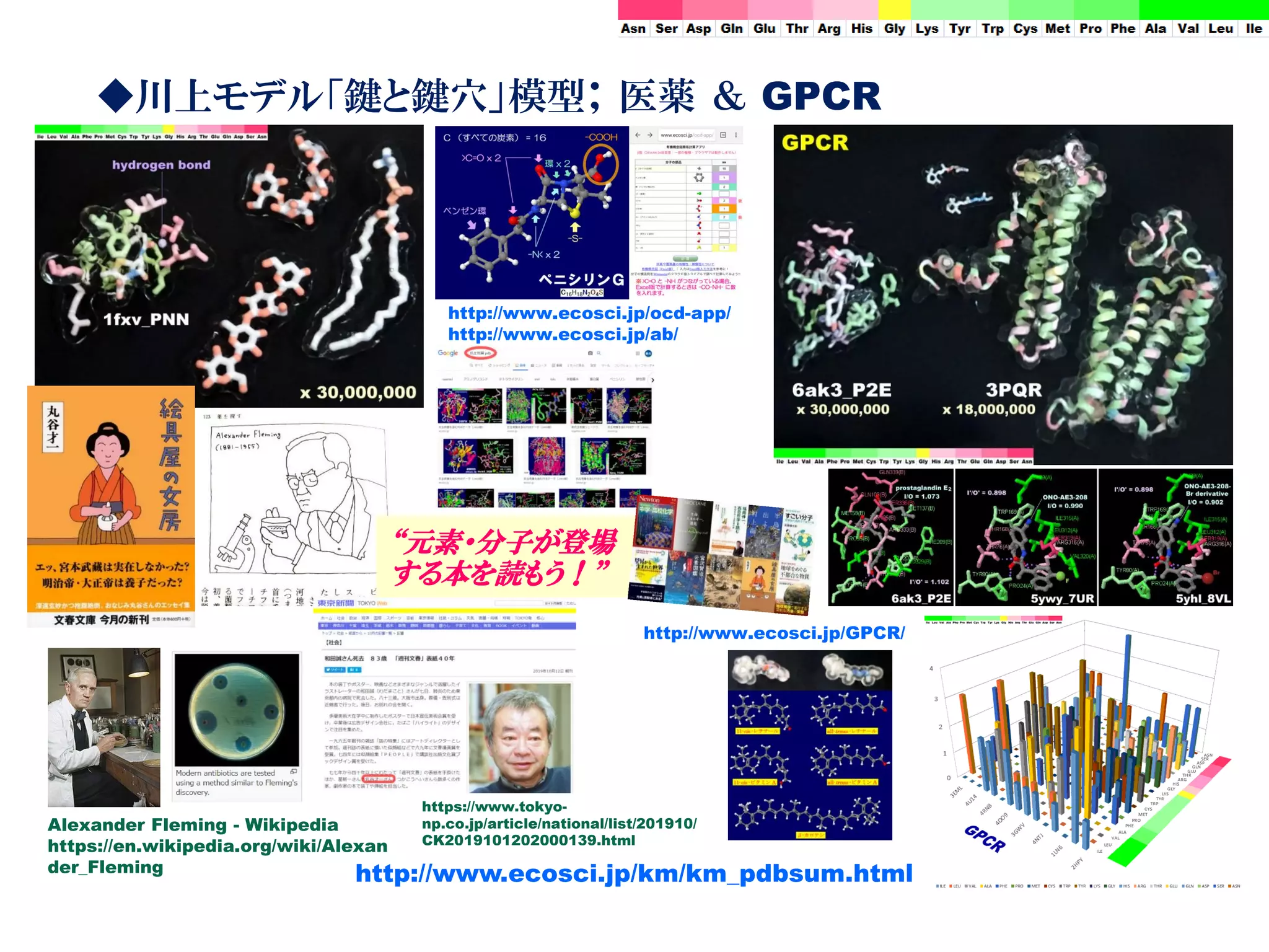 ◆川上モデル「鍵と鍵穴」模型； 医薬 ＆ GPCR
http://www.ecosci.jp/km/km_pdbsum.html
Alexander Fleming - Wikipedia
https://en.wikipedia.org/wiki/Alexan
der_Fleming
https://www.tokyo-
np.co.jp/article/national/list/201910/
CK2019101202000139.html
http://www.ecosci.jp/ocd-app/
http://www.ecosci.jp/ab/
http://www.ecosci.jp/GPCR/
“元素・分子が登場
する本を読もう！”
 