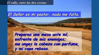 El Señor es mi pastor, nada me falta.El Señor es mi pastor, nada me falta.
Preparas una mesa ante mí,Preparas una mesa ante mí,
enfrente de mis enemigos;enfrente de mis enemigos;
me unges la cabeza con perfume,me unges la cabeza con perfume,
y mi copa rebosa.y mi copa rebosa.
El valle, entre las dos crestasEl valle, entre las dos crestas
 