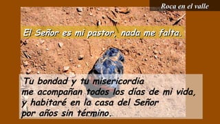 El Señor es mi pastor, nada me falta.El Señor es mi pastor, nada me falta.
Tu bondad y tu misericordia
me acompañan todos los días de mi vida,
y habitaré en la casa del Señor
por años sin término.
Roca en el valleRoca en el valle
 