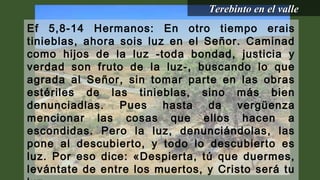 Ef 5,8-14 Hermanos: En otro tiempo erais
tinieblas, ahora sois luz en el Señor. Caminad
como hijos de la luz -toda bondad, justicia y
verdad son fruto de la luz-, buscando lo que
agrada al Señor, sin tomar parte en las obras
estériles de las tinieblas, sino más bien
denunciadlas. Pues hasta da vergüenza
mencionar las cosas que ellos hacen a
escondidas. Pero la luz, denunciándolas, las
pone al descubierto, y todo lo descubierto es
luz. Por eso dice: «Despierta, tú que duermes,
levántate de entre los muertos, y Cristo será tu
Terebinto en el valleTerebinto en el valle
 