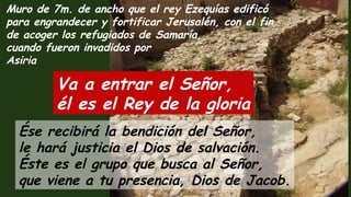 Ése recibirá la bendición del Señor,
le hará justicia el Dios de salvación.
Éste es el grupo que busca al Señor,
que viene a tu presencia, Dios de Jacob.
Va a entrar el Señor,
él es el Rey de la gloria
Muro de 7m. de ancho que el rey Ezequías edificó
para engrandecer y fortificar Jerusalén, con el fin
de acoger los refugiados de Samaría,
cuando fueron invadidos por
Asiria
 