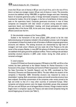(more than 50 per cent of shares) in 80 per cent of such firms, and in the rest of firms 
there is at least one strategic investor (20 per cent of shares or more). The ownership 
structure has stabilised: during 1998-2000, no significant changes were seen. Interesting 
feature of corporate governance policy in foreign dominated companies is introducing 
incentives for insiders, first of all managers, in the form of small blocks of shares and/or 
seats on the supervisory board. Corporate governance structures in most of these 
companies are transparent with clear division of powers among executive board, 
supervisory board, and shareholders’ meeting, with broad participation of insiders, 
especially elites of the former SOE. At the same time, foreign investor keeps tight and 
efficient control over the firm. 
D. Sole-shareholder companies of the Treasury (JSSPs) 
Studied in the framework of the same project, JSSPs proved to be the most 
dysfunctional group of companies included in the privatisation process. Lack of progress 
in privatisation of these firms leads to lack of formation of efficient corporate governance 
structures and relations. The existing structures are characterised by high level of 
managers’ and trade unions’ influence and very weak role of the Treasury as the sole 
owner of the company. Besides, in many JSSP the spheres of influence of main actors has 
not stabilised which gives ground for perpetual conflicts. There is nothing to be said about 
ownership structure dynamics in JSSPs under review: during the whole period, it 
remained unchanged. 
E. Listed companies 
A study of 210 listed non-financial companies (190 listed on the WSE and 20 on a free 
market) has been performed at the Gdañsk Institute for Market Economics in the 
framework of the project “Ownership and Control of Polish Corporations” (financed by 
the State Committee for Scientific Research and the CIPE, coordinated by Piotr 
Tamowicz) (Tamowicz and Dzier¿anowski 2001a). The data reflects the situation of the 
companies in November, 2000. Ownership structure was measured by voices at 
shareholders’ meeting. Both concentration indexes and overall ownership structure have 
been analysed. Ownership concentration of the companies under review proved to be 
high and similar to that of in many other countries of continental Europe. Other 
companies and physical persons were the largest shareholder groups (they possessed 
39.4 per cent and 30.8 per cent of all largest blocks of shares). Foreign investors had the 
largest share in companies’ equity, the Treasury and state-owned companies being the 
second largest group of owners (see Table 3). 
24 
Studies & Analyses No. 263 – P. Kozarzewski 
 