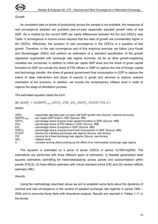 Studies  Analyses No. 270 – Nominal and Real Convergence in Alternative Exchange… 
14 
Growth 
As consistent data on levels of productivity across the sample is not available, the measures of 
real convergence adopted are quarterly year-on-year seasonally adjusted growth rates of real 
GDP. As is implied by the current GDP per capita differences between the EU and CEECs (see 
Table 1) convergence in income levels requires that the rates of growth are considerably higher in 
the CEECs. Effectively, the question of real convergence in the CEECs is a question of fast 
growth. Therefore, in the real convergence part of this empirical exercise, we follow Levy-Yeyati 
and Sturzenegger (2003) and perform an estimation of a standard specification of the growth 
regression augmented with exchange rate regime dummies. As far as other growth-explaining 
variables are concerned, in addition to initial per capita GDP level and the share of gross capital 
formation to GDP we include the share of FDI inflows in GDP to capture the role of foreign capital 
and technology transfer, the share of general government final consumption in GDP to capture the 
extent of state intervention and share of exports in goods and services to capture outward 
orientation of the economy. In addition, we include the contemporary inflation level in order to 
capture the stage of disinflation process. 
The estimated equation takes the form: 
(8) ( , , , , , , , ) 1993 GDP f GDPPC GFCF FDI EX GGFC FLOAT FIX C it i it it it it D = 
where: 
GDPit - seasonally adjusted year–on-year real GDP growth rate (Source: national accounts) 
GDPPCi1993 - per capita GDP level in 1993 (Source: WB) 
GFCFit - percentage share of gross fixed capital formation in GDP (Source: WB) 
FDIit - percentage share of FDI inflows in GDP (Source: WB) 
EXit - percentage share of exports in GDP (Source: WB) 
GGFCit - percentage share of government final consumption in GDP (Source: WB) 
FLOAT - dummy for a floating exchange rate regime (Source: see Annex) 
FIX - dummy for a fixed exchange rate regime (Source: see Annex) 
INFit - inflation level 
C - constant among others picking up the effect of an intermediate exchange rage regime 
The equation is estimated on a panel of seven CEECs in period 1q1993-4q2002. The 
estimations are performed with three different types of estimators: (i) feasible generalized least 
squares estimators controlling for heteroskedasticity across panels and autocorrelation within 
panels (FGLS), (ii) fixed effects estimator with robust standard errors (FE) and (iii) random effects 
estimator (RE). 
Results 
Using the methodology described above we aim to establish some facts about the dynamics of 
nominal and real convergence in the context of adopted exchange rate regimes in period 1993 – 
2002 and to reconcile these facts with theoretical analysis. Results are reported in Tables 1-11 in 
the Annex. 
 
