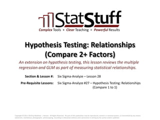 Section & Lesson #:
Pre-Requisite Lessons:
Complex Tools + Clear Teaching = Powerful Results
Hypothesis Testing: Relationships
(Compare 2+ Factors)
Six Sigma-Analyze – Lesson 28
An extension on hypothesis testing, this lesson reviews the multiple
regression and GLM as part of measuring statistical relationships.
Six Sigma-Analyze #27 – Hypothesis Testing: Relationships
(Compare 1 to 1)
Copyright © 2011-2019 by Matthew J. Hansen. All Rights Reserved. No part of this publication may be reproduced, stored in a retrieval system, or transmitted by any means
(electronic, mechanical, photographic, photocopying, recording or otherwise) without prior permission in writing by the author and/or publisher.
 