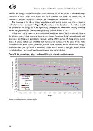 Oleksandr Rohozynsky and Irina Sinitsina 
According to our simplified trend comparison presented in Figure 4, in 2003 Russia would be 
in the similar phase of its growth recovery as Poland in 1996, i.e., at its highest growth momentum. 
Does also Russia face the perspective of gradually decreasing growth rate in the coming years? 
Possibly yes if the new growth impulses will not be added to those observed in the beginning of 
2000s. At this point we can risk a hypothesis that high growth rates in Russia starting from 2000 
may be explained by: (1) depth of the previous output decline and use of simple reserves (e.g., 
utilization of idle capacities); (2) positive effects of economic reforms conducted in 1990s 
(particularly privatization), and (3) high oil prices on international markets (see Dabrowski, 2003). 
We will come back to this question at the end of this paper after conducting a comparative 
structural and institutional analyzes of both economies. 
15 
4. Structural features of growth patterns in Poland and Russia 
In spite of potential similarities in growth trends in Poland in 1990s and Russia in early 2000s 
one should take a deeper look at the structural characteristics of both economies. Only such an 
analysis can bring us closer to the answer to the question whether we analyze the same 
phenomenon in both countries or different phenomena with some superficial similarities? In this 
section we try to address five concrete issues: employment structure and labor market 
developments, the role of small and medium size enterprises (SME) and foreign direct investments 
(FDI), the role of oil and energy production/ consumption, structure of foreign trade, and fiscal 
policy pattern. 
4.1. Employment structure and labor market developments 
Figure 6 provides us with a general picture of changes in employment structure of two 
countries in consideration recorded between 1990 and 19987. Generally, it looks like both countries 
represent the similar structural changes: moving a substantial part of labor force from industry to a 
broadly defined service sector (more dramatic in Russia compared to Poland) and, in parallel, 
decreasing share of employment in agriculture (more substantial in Poland than in Russia), again 
in favor of service sector. Both tendencies and relative differences in both countries could hardly 
come as a surprise. Former communist countries were heavily over-industrialized (especially 
former USSR and Russia in particular) while market services were underdeveloped. Poland, which 
managed to avoid communist collectivization of its agriculture, suffered (and continues to suffer) 
over-employment in this sector typical for less developed countries. On the other hand, Russia had 
7 We do not have a fully comparable data for any later year. However, according to national statistics the proportions 
observed in 1998 did not undergo any serious changes during the next five years. 
 