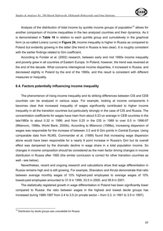 Studies  Analyses No. 280 – Post-Adaptation Growth Recorvery in Poland ... 
28 
However, one caveat needs the additional comment. Russia is not geographically so distant 
from the Western Europe to justify a half of Poland’s share of EU-oriented export in the total 
export. Here the negative role of EU trade policy should be strongly highlighted. While from the 
very beginning of transition process Poland and other CEB countries (and recently also Balkan 
countries) were supported by the EU with the preferential access to its market and a clear 
perspective of the European integration, nothing of this kind was ever offered to Russia and other 
CIS countries (apart from very limited Partnership and Cooperation Agreements). 
Figure 17a. Sectoral composition of Polish export 
100% 
90% 
80% 
70% 
60% 
50% 
40% 
30% 
20% 
10% 
0% 
1988 1989 1990 1991 1992 1993 1994 1995 1996 1997 1998 1999 2000 2001 
Years 
% of export 
Other exports 
Travel services 
Transport services 
Other commercial services 
Ores and metals exports 
Manufactures exports 
Fuel exports 
Food exports 
Agricultural raw materials exports 
 