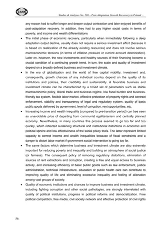 Oleksandr Rohozynsky and Irina Sinitsina 
35 
Figure 21. Structural Reform Index (normal economy=1) 
   
 
  
 
  
 
  
 
 
 
 
 
 
 
 
 
 
 
 
 
 
 
 
 
 
 
+XQJDU 
]HFK 5HSXEOLF 
(VWRQLD 
6ORYDNLD 
/LWKXDQLD 
3RODQG 
%XOJDULD 
/DWYLD 
5RPDQLD 
(8 FDQGLGDWHV 
*HRUJLD 
.UJ]VWDQ 
0ROGRYD 
$UPHQLD 
.D]DNKVWDQ 
8NUDLQH 
$]HUEDLMDQ 
5XVVLD 
7DMLNLVWDQ 
8]EHNLVWDQ 
%HODUXV 
7XUNPHQLVWDQ 
,6 
Note: The composite structural reform index consists of 73 percent liberalization and 27 percent privatization. 
Source: Aslund and Warner (2003) based on EBRD structural indices 
 
The two analyzed countries do not occupy leader positions in their regional groups (Poland in 
the EU candidates group and Russia in the CIS group). There are five countries recording better 
scores than Poland: Hungary, Czech Republic, Estonia, Slovakia and Lithuania. However, 
Poland’s position is visibly better than Russia’s one. 
5.3. Freedom House indices 
Since 1972, the Freedom House has published an annual assessment of the state of freedom 
worldwide on the basis of political rights and civil liberties rating on a one-to-seven scale. These 
countries, which rating averages 1-2.5 are generally considered as ‘Free’, 3-5.5 – ‘Partly Free’, and 
5.5-7 – ‘Not Free’. 
Russia, while formally remaining in the ‘Partly Free’ category, has steadily decreased its rating, 
closely approaching the ‘Not Free’ status (see Table 8). This is in sharp contrast with the stable 
high rating of Poland and other CEB countries accomplished already in the beginning of 1990s. 
More importantly, the progress in democratization and human rights standards has been strongly 
correlated with progress in economic reforms with causality going in both sides but being more 
important in relation to political reforms as factor determining the economic progress (see also 
Dabrowski and Gortat, 2002). Empirical research conducted in the Russian regions also confirm 
that guarantees of basic human rights and civil liberties have the fundamental importance for 
business and investment climate (see Mau and Yanovskiy, 2002). 
 