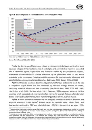 Oleksandr Rohozynsky and Irina Sinitsina 
5 
Abstract 
The purpose of this paper is to analyze the sources, economic and social characteristics, of 
growth recovery, which followed the first period of output decline in two transition countries – 
Poland and Russia. They represent two different groups of transition countries (new EU member 
states vs. CIS) in terms of adopted transition strategy and accomplished results. Generally, fast 
reformers succeeded and slow reformers experienced a lot of troubles. Although eventually all 
former communist countries entered the path of economic growth, those which moved slowly lost 
sometimes the whole decade. Social costs of slow reforms were also dramatic: income 
degradation and rising inequalities, high level of poverty and corruption, various social and 
institutional distortions and pathologies, violation of human rights and civil and economic liberties, 
attempts of authoritarian restoration, etc. 
The period of ‘adaptation’ output decline was much more severe and longer in Russia than in 
Poland, and recovery came later. Unlike in the leading transition countries, the role of new private 
firms and FDI in Russia has been very limited what can be explained by administrative barriers, 
widespread corruption, lack of transparency, instability and contradictions in economic legislation, 
reflecting poor business climate. In the absence of FDI and with limited role of SME Russian 
economy is dominated by large domestic corporations, many of them having an ‘oligarchic’ 
characteristic. This additionally complicates the political economy of market reforms and weakens 
constituency of favor of open democratic society and liberal economic policies. 
The high oil prices helped in economic recovery and fiscal adjustment in Russia in early 2000s. 
However, Russian economy has become increasingly oil-dependent. While major obstacles to 
future Russia’s growth can origin from its structural monoculture dominated by the oil and energy 
sector, and poor business climate, the excessive welfare state can be considered as the main 
development burden in the case of Poland. 
In both analyzed countries poverty and inequality increased substantially during 1990s, to 
much bigger extent in Russia compared to Poland. While part of the income polarization was 
inevitably connected with departure from communist egalitarianism and part of poverty 
phenomenon reflected transition adaptation costs, other factors such as continuous structural 
distortions, incomplete liberalization, high inflation, insufficient competition, barriers to 
entrepreneurship, institutional weaknesses of the state captured by oligarchs, corruption, etc., 
played a significant role here. 
 