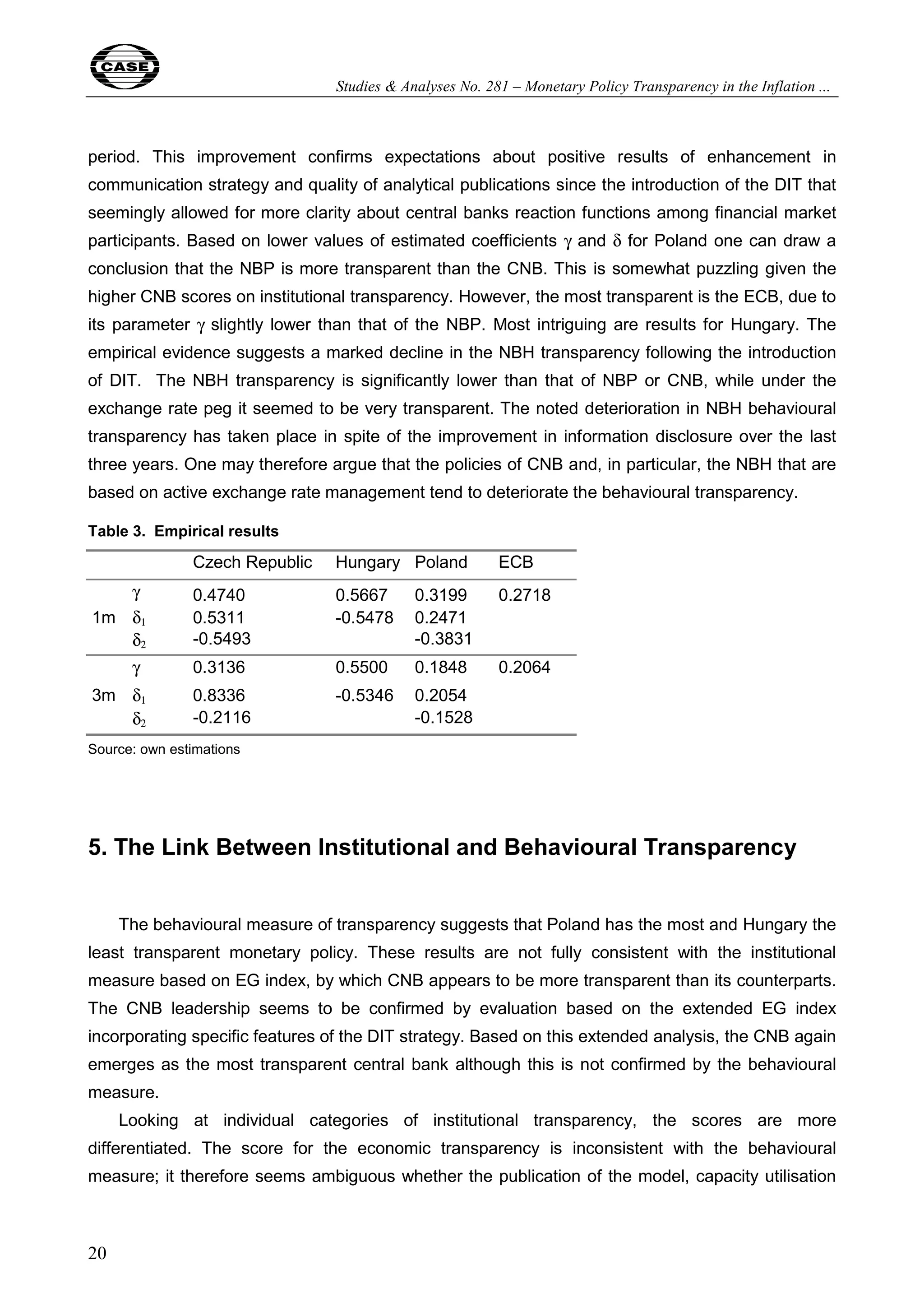 Studies & Analyses No. 281 – Monetary Policy Transparency in the Inflation ... 
period. This improvement confirms expectations about positive results of enhancement in 
communication strategy and quality of analytical publications since the introduction of the DIT that 
seemingly allowed for more clarity about central banks reaction functions among financial market 
participants. Based on lower values of estimated coefficients γ and δ for Poland one can draw a 
conclusion that the NBP is more transparent than the CNB. This is somewhat puzzling given the 
higher CNB scores on institutional transparency. However, the most transparent is the ECB, due to 
its parameter γ slightly lower than that of the NBP. Most intriguing are results for Hungary. The 
empirical evidence suggests a marked decline in the NBH transparency following the introduction 
of DIT. The NBH transparency is significantly lower than that of NBP or CNB, while under the 
exchange rate peg it seemed to be very transparent. The noted deterioration in NBH behavioural 
transparency has taken place in spite of the improvement in information disclosure over the last 
three years. One may therefore argue that the policies of CNB and, in particular, the NBH that are 
based on active exchange rate management tend to deteriorate the behavioural transparency. 
Table 3. Empirical results 
20 
Czech Republic Hungary Poland ECB 
γ 0.4740 0.5667 0.3199 0.2718 
1m δ1 0.5311 -0.5478 0.2471 
δ2 -0.5493 -0.3831 
γ 0.3136 0.5500 0.1848 0.2064 
3m δ1 0.8336 -0.5346 0.2054 
δ2 -0.2116 -0.1528 
Source: own estimations 
5. The Link Between Institutional and Behavioural Transparency 
The behavioural measure of transparency suggests that Poland has the most and Hungary the 
least transparent monetary policy. These results are not fully consistent with the institutional 
measure based on EG index, by which CNB appears to be more transparent than its counterparts. 
The CNB leadership seems to be confirmed by evaluation based on the extended EG index 
incorporating specific features of the DIT strategy. Based on this extended analysis, the CNB again 
emerges as the most transparent central bank although this is not confirmed by the behavioural 
measure. 
Looking at individual categories of institutional transparency, the scores are more 
differentiated. The score for the economic transparency is inconsistent with the behavioural 
measure; it therefore seems ambiguous whether the publication of the model, capacity utilisation 
 