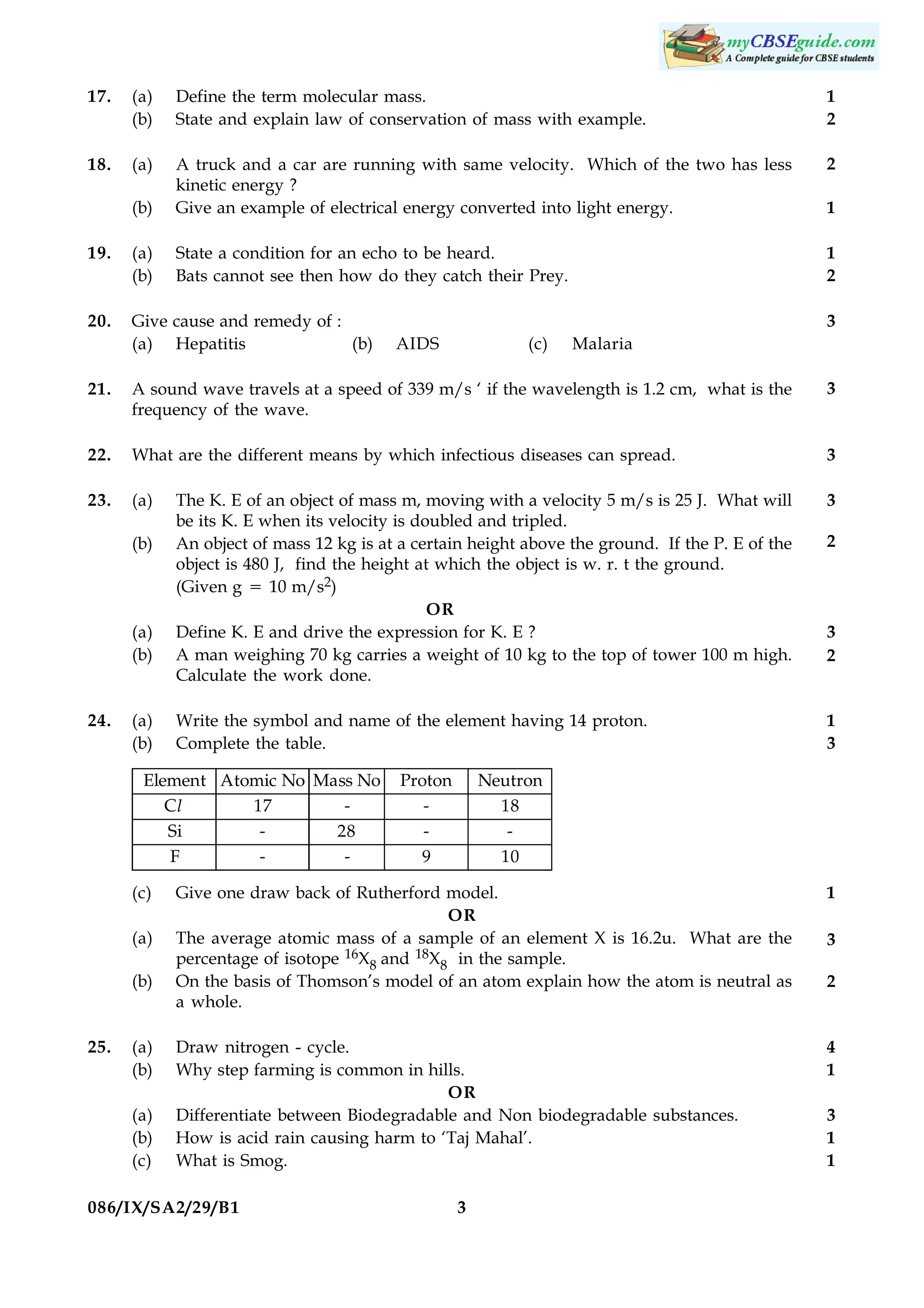 17.

(a)
(b)

Define the term molecular mass.
State and explain law of conservation of mass with example.

1
2

18.

(a)

2

(b)

A truck and a car are running with same velocity. Which of the two has less
kinetic energy ?
Give an example of electrical energy converted into light energy.

19.

(a)
(b)

State a condition for an echo to be heard.
Bats cannot see then how do they catch their Prey.

1
2

20.

Give cause and remedy of :
(a) Hepatitis
(b)

1

3
AIDS

(c)

Malaria

21.

A sound wave travels at a speed of 339 m/s ‘ if the wavelength is 1.2 cm, what is the
frequency of the wave.

3

22.

What are the different means by which infectious diseases can spread.

3

23.

(a)

The K. E of an object of mass m, moving with a velocity 5 m/s is 25 J. What will
be its K. E when its velocity is doubled and tripled.
An object of mass 12 kg is at a certain height above the ground. If the P. E of the
object is 480 J, find the height at which the object is w. r. t the ground.
(Given g 5 10 m/s2)
OR
Define K. E and drive the expression for K. E ?
A man weighing 70 kg carries a weight of 10 kg to the top of tower 100 m high.
Calculate the work done.

3

Write the symbol and name of the element having 14 proton.
Complete the table.

1
3

(b)

(a)
(b)

24.

(a)
(b)

Element Atomic No Mass No
Cl
17
Si
28
F
(c)
(a)
(b)

25.

(a)
(b)
(a)
(b)
(c)

Proton
9

2

3
2

Neutron
18
10

Give one draw back of Rutherford model.
OR
The average atomic mass of a sample of an element X is 16.2u. What are the
percentage of isotope 16X8 and 18X8 in the sample.
On the basis of Thomson’s model of an atom explain how the atom is neutral as
a whole.

1

Draw nitrogen - cycle.
Why step farming is common in hills.
OR
Differentiate between Biodegradable and Non biodegradable substances.
How is acid rain causing harm to ‘Taj Mahal’.
What is Smog.

4
1

086/IX/SA2/29/B1

3

3
2

3
1
1

 