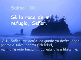 Sé la roca de mi refugio, Señor. A ti, Señor, me acojo; no quede yo defraudado; ponme a salvo, por tu fidelidad, inclina tu oído hacia mí, apresúrate a librarme. Salmo  30   