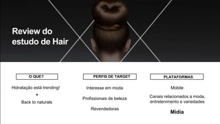 Review do
estudo de Hair
Back to naturals
Hidratação está trending!
Profissionais de beleza
Interesse em moda
+
Revendedor...