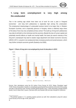 CASE Network Studies & Analyses No. 475 – True and false remedies for long term... 
1. Long term unemployment is very high among 
the uneducated 
Two in ten working age adults have been out of work for over a year in Visegrad 
economies and long term joblessness is especially high among the uneducated. 
The employment disadvantage of uneducated workers tends to be larger than in Western 
European countries, and is especially grievous in Hungary, where a relatively large share 
of the labour force has only completed primary school. The build-up of long term joblessness 
may take its toll both on the individual and the economy. Beside the loss of human capital and 
potentially harmful effects on health and mental health, the lower job search intensity of the 
long term unemployed may lead to weaker wage adjustment and slower economic recovery 
(OECD, 0 ). Long term non-employment also increases poverty and social exclusion, which 
may further constrain economic growth (Easterly et al 006). 
Figure 1. Share of long term non-employed by level of education in 2012 
Source: Own calculations using the EU Labour Force Survey for 0 . Notes: Population aged 
- 9. Share of population inactive or unemployed (excluding full time students) at the time of the survey 
and also in the previous year. Primary includes ISCED levels 0 and , lower secondary includes ISCED 
levels and c (less than years). Germany (DE) and Sweden (SE) are also included for reference. 
The precise number is .7, including inactive persons as well. Own calculations using EU Labour 
Force Survey (LFS) for age - 9, year 0 . 
 
