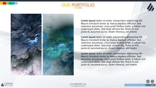 w w w . D o m a i n . c o m Page 7
www.MainSlide.com
© All Rights Reserved.
Confidential
OUR PORTFOLIO
Lorem ipsum dolor sit amet, consectetur adipiscing elit.
Mauris tincidunt tortor ac massa dapibus efficitur. Sed
maximus accumsan, risus justo finibus enim, a indum nisl
scelerisque dolor. Sed vitae ultrices leo. Proin in nisl
justo id, euismod purus. Etiam rhoncus, est mattis
Lorem ipsum dolor sit amet, consectetur adipiscing elit.
Mauris tincidunt tortor ac massa dapibus efficitur. Sed
maximus accumsan, risus justo finibus enim, a indum nisl
scelerisque dolor. Sed vitae ultrices leo. Proin in nisl
justo id, euismod purus. Etiam rhoncus, est mattis
Lorem ipsum dolor sit amet, consectetur adipiscing elit.
Mauris tincidunt tortor ac massa dapibus efficitur. Sed
maximus accumsan, risus justo finibus enim, a indum nisl
scelerisque dolor. Sed vitae ultrices leo. Proin in nisl
justo id, euismod purus. Etiam rhoncus, est mattis
 