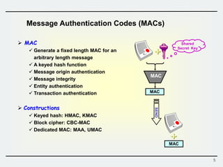 5
 MAC
 Generate a fixed length MAC for an
arbitrary length message
 A keyed hash function
 Message origin authentication
 Message integrity
 Entity authentication
 Transaction authentication
 Constructions
 Keyed hash: HMAC, KMAC
 Block cipher: CBC-MAC
 Dedicated MAC: MAA, UMAC
Message Authentication Codes (MACs)
MAC
SEND
MAC
MAC
Shared
Secret Key
 