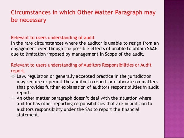 sa 706 quot emphasis of matter paragraph and other matter audit report example