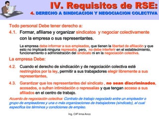 Ing. CIP Irma Anco
Todo personal Debe tener derecho a:
4.1. Formar, afiliarse y organizar sindicatos y negociar colectivamente
con la empresa o sus representantes.
La empresa debe informar a sus empleados, que tienen la libertad de afiliación y que
esto no implicará ninguna represalia, pero, no debe interferir en el establecimiento,
funcionamiento o administración del sindicato ni en la negociación colectiva.
La empresa Debe:
4.2. Cuando el derecho de sindicación y de negociación colectiva esté
restringidos por la ley, permitir a sus trabajadores elegir libremente a sus
representantes.
4.3. Garantizar que los representantes del sindicato , no sean discriminados,
acosados, o sufran intimidación o represalias y que tengan acceso a sus
afiliados en el centro de trabajo.
Acuerdo de negociación colectiva: Contrato de trabajo negociado entre un empleador o
grupo de empleadores y una o más organizaciones de trabajadores (sindicato), el cual
especifica los términos y condiciones de empleo.
IV. Requisitos de RSE:
4. DERECHO A SINDICACION Y NEGOCIACION COLECTIVA
 