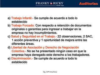 Ing. CIP Irma Anco
a) Trabajo Infantil.- Se cumple de acuerdo a todo lo
establecido
b) Trabajo Forzado: Con respecto a retención de documentos
originales o garantías para ingresar a trabajar en la
empresa no hay incumplimientos.
c) Salud y Seguridad en el Trabajo.- 22 observaciones, 2 SAC,
1 acción preventiva y 1 oportunidad de mejora entre las
diferentes áreas.
d) Libertad de Asociación y Derecho de Negociación
Colectiva.- No se ha presentado ningún caso en que la
empresa haya denegado este derecho a los trabajadores.
e) Discriminación.- Se cumple de acuerdo a todo lo
establecido
Auditorias
 