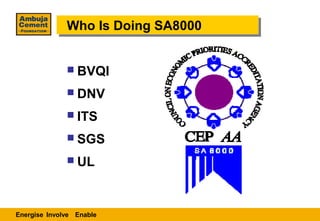 Who Is Doing SA8000
              Who Is Doing SA8000


               BVQI

               DNV

               ITS

               SGS

               UL




Energise Involve Enable
 