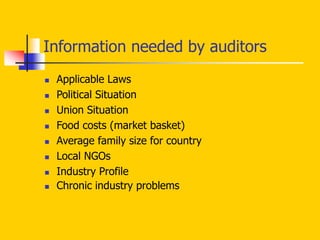 Information needed by auditors
 Applicable Laws
 Political Situation
 Union Situation
 Food costs (market basket)
 Average family size for country
 Local NGOs
 Industry Profile
 Chronic industry problems
 