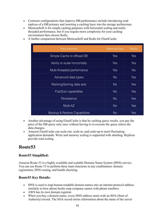 41
 Common configurations that improve DB performance include introducing read
replicas of a DB primary and inserting a caching layer into the storage architecture.
 MemcacheD is for simple caching purposes with horizontal scaling and multi-
threaded performance, but if you require more complexity for your caching
environment then choose Redis.
 A further comparison between MemcacheD and Redis for ElastiCache:
 Another advantage of using ElastiCache is that by caching query results, you pay the
price of the DB query only once without having to re-execute the query unless the
data changes.
 Amazon ElastiCache can scale-out, scale-in, and scale-up to meet fluctuating
application demands. Write and memory scaling is supported with sharding. Replicas
provide read scaling.
Route53
Route53 Simplified:
Amazon Route 53 is a highly available and scalable Domain Name System (DNS) service.
You can use Route 53 to perform three main functions in any combination: domain
registration, DNS routing, and health checking.
Route53 Key Details:
 DNS is used to map human-readable domain names into an internet protocol address
similarly to how phone books map company names with phone numbers.
 AWS has its own domain registrar.
 When you buy a domain name, every DNS address starts with an SOA (Start of
Authority) record. The SOA record stores information about the name of the server
 