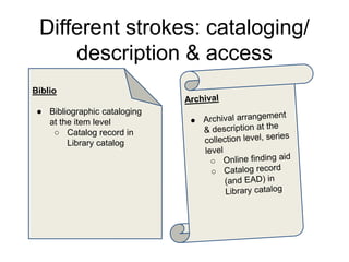 Different strokes: cataloging/
description & access
Biblio
● Bibliographic cataloging
at the item level
○ Catalog record in
Library catalog
 