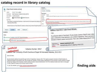 catalog record in library catalog
finding aids
 