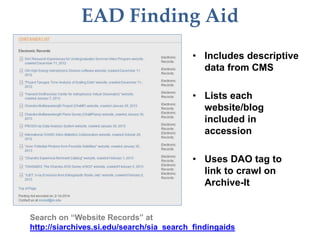 EAD Finding Aid
• Includes descriptive
data from CMS
• Lists each
website/blog
included in
accession
• Uses DAO tag to
link to crawl on
Archive-It
Search on “Website Records” at
http://siarchives.si.edu/search/sia_search_findingaids
 