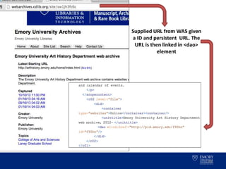 55
Supplied URL from WAS given
a ID and persistent URL. The
URL is then linked in <dao>
element
 