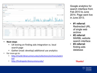 58
• Next steps
• UX testing on finding aids integration vs. local
search page
• Gather (read: develop) additional use analytics
• For more go to:
• http://marbl.library.emory.edu/collections/archives/web.h
tml
• http://findingaids.library.emory.edu/
Google analytics for
search interface from
Feb 2013 to June
2014. Page went live
in June 2013.
• #1 referral:
Redirected URL
of single web
archive
• #2 referral:
MARBL website
search interface
• #3 referral:
finding aids
database
Thanks!
 