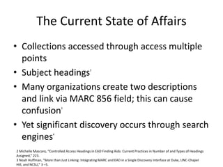 The Current State of Affairs
• Collections accessed through access multiple
points
• Subject headings2
• Many organizations create two descriptions
and link via MARC 856 field; this can cause
confusion3
• Yet significant discovery occurs through search
engines4
2 Michelle Mascaro, “Controlled Access Headings in EAD Finding Aids: Current Practices in Number of and Types of Headings
Assigned,” 223.
3 Noah Huffman, “More than Just Linking: Integrating MARC and EAD in a Single Discovery Interface at Duke, UNC-Chapel
Hill, and NCSU,” 3 –5.
 