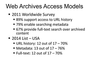 Web Archives Access Models
 2011 Worldwide Survey
 89% support access to URL history
 79% enable searching metadata
 67% provide full-text search over archived
content
 2014 List – USA
 URL history: 12 out of 17 – 70%
 Metadata: 13 out of 17 – 76%
 Full-text: 12 out of 17 – 70%
 