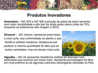 Produtos Inovadores Amendoim  – IAC 503 e IAC 505 produção de grãos de maior tamanho, com maior durabilidade e alto teor de ácido graxo oleico (mais de 70%, enquanto as tradicionais não chegam a 50%) Girassol  –  IAC Iarama  apresenta porte baixo  e ciclo curto, boa uniformidade no plantio o que facilita a colheita mecânica. Destaca-se por  produzir a mesma quantidade de óleo que as outras variedades, mas em tempo mais curto Algodão  – IAC 24 apresenta resistência múltipla às doenças mais destrutivas que ocorrem em nosso meio. Apresenta porcentagem de fibra em nível próximo ao de algumas cultivares estrangeiras utilizadas no País  