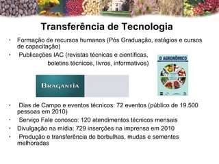 Formação de recursos humanos (Pós Graduação, estágios e cursos de capacitação) Publicações IAC (revistas técnicas e científicas, boletins técnicos, livros, informativos) Dias de Campo e eventos técnicos: 72 eventos (público de 19.500 pessoas em 2010) Serviço Fale conosco: 120 atendimentos técnicos mensais Divulgação na mídia: 729 inserções na imprensa em 2010 Produção e transferência de borbulhas, mudas e sementes melhoradas Transferência de Tecnologia  