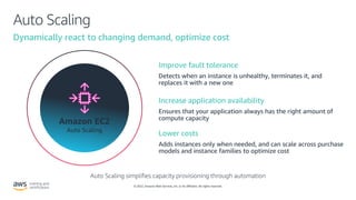© 2022, Amazon Web Services, Inc. or its affiliates. All rights reserved.
Auto Scaling
Dynamically react to changing demand, optimize cost
Amazon EC2
Auto Scaling
Improve fault tolerance
Increase application availability
Lower costs
Auto Scaling simplifies capacity provisioning through automation
 