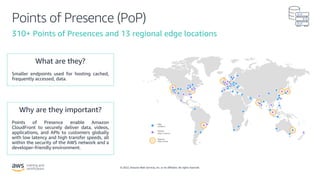 © 2022, Amazon Web Services, Inc. or its affiliates. All rights reserved.
Points of Presence (PoP)
310+ Points of Presences and 13 regional edge locations
Points of Presence enable Amazon
CloudFront to securely deliver data, videos,
applications, and APIs to customers globally
with low latency and high transfer speeds, all
within the security of the AWS network and a
developer-friendly environment.
Smaller endpoints used for hosting cached,
frequently accessed, data.
 