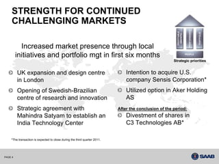 STRENGTH FOR CONTINUED
     CHALLENGING MARKETS

           Increased market presence through local
         initiatives and portfolio mgt in first six months
                                                                                                       Strategic priorities


         UK expansion and design centre                                        Intention to acquire U.S.
         in London                                                             company Sensis Corporation*
         Opening of Swedish-Brazilian                                          Utilized option in Aker Holding
         centre of research and innovation                                     AS
         Strategic agreement with                                          After the conclusion of the period:
         Mahindra Satyam to establish an                                       Divestment of shares in
         India Technology Center                                               C3 Technologies AB*

    *The transaction is expected to close during the third quarter 2011.




PAGE 4
 