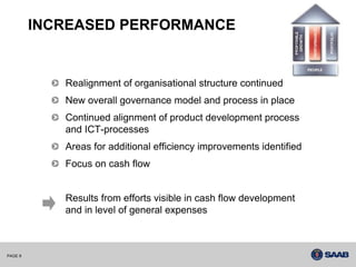 INCREASED PERFORMANCE


            Realignment of organisational structure continued
            New overall governance model and process in place
            Continued alignment of product development process
            and ICT-processes
            Areas for additional efficiency improvements identified
            Focus on cash flow


            Results from efforts visible in cash flow development
            and in level of general expenses



PAGE 9
 