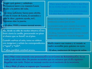 Sergio está quieto y cabizbajo. Permanece junto a su maestra Laura frente a la puerta del aula. No tiene suficiente fuerza para abrirla. Toma la mano de Laura, la zarandea y ésta le dice: ¿quieres ayuda, no?, mientras abre la puerta. - 13 años, TGD y retraso mental severo. “ Paco quiere pelota” . Esto lo dice Paco en su media lengua al entrar a su casa. Usa anteojos y su andar es tambaleante. – 8 años Retraso mental moderado Están en la clase y de pronto todo comienza a saltar por el aire. La maestra sabe que cuando Leo actúa así es porque quiere salir al recreo. - 11 años, trastorno autista, retraso mental moderado, ausencia total de lenguaje oral. Ale, desde su silla de ruedas observa cómo Santi cierra la canilla, procurando no pisar el charco que se formó en el piso. Cuando vuelven al aula, toma su tablero con imágenes y señala las correspondientes a “agua” y “salir”. - 7 años, parálisis cerebral severa. María mueve sus manos y el mundo se vuelve accesible para quienes no oyen. - 32 años, traductora de lengua de señas Ana y Pilar están armando esta presentación en el Centro de Rehabilitación. Ya es tarde y solo están ellas. De pronto recuerdan que no avisaron que al día siguiente llegarían más tarde. Dejan un mensaje escrito en el escritorio de la secretaria. - Ana y Pilar, ¿? años, se supone que “normales” 