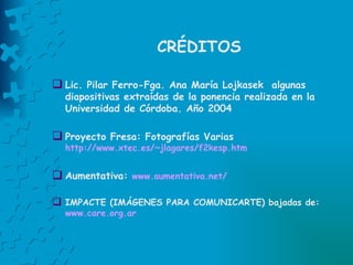 CRÉDITOS Lic. Pilar Ferro-Fga. Ana María Lojkasek  algunas diapositivas extraídas de la ponencia realizada en la Universidad de Córdoba. Año 2004 Proyecto Fresa: Fotografías Varias  http://www.xtec.es/~jlagares/f2kesp.htm Aumentativa:  www.aumentativa.net/ IMPACTE (IMÁGENES PARA COMUNICARTE) bajadas de:  www.care.org.ar 