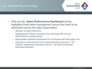 Implementing the strategy




• Role by role, Sales Performance Dashboard clearly
  highlights those talent management issues that need to be
  addressed across the sales organization:
   – retention of High-Performers;
   – redeployment of those unsuited to the role along with hiring of
     High-Performer replacements;
   – appropriately targeted development for employees with skills gaps; and
   – coaching or enhancement to the organizational environment – for
     instance, addressing motivational issues – for those lacking key
     behavioral attributes
 