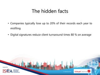 • Companies typically lose up to 20% of their records each year to
misfiling
• Digital signatures reduce client turnaround times 80 % on average
The hidden facts
 