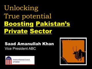Unlocking
True potential
Boosting Pakistan’s
Private Sector
Saad Amanullah Khan
Vice President ABC
 