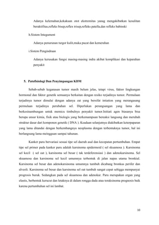 Adanya kelemahan,kekakuan otot ekstremitas yanag mengakibatkan kesulitan
beraktifitas,refleks bisep,reflex trisep,refleks patella,dan refleks babinski
h.Sistem Integument
Adanya penurunan turgor kulit,muka pucat dan kemerahan
i.Sistem Pengindraan
Adanya kerusakan fungsi masing-masing indra akibat komplikasi dan keparahan
penyakit
5. Patofisiologi Dan Penyimpangan KDM
Sebab-sebab keganasan tumor masih belum jelas, tetapi virus, faktor lingkungan
hormonal dan faktor genetik semuanya berkaitan dengan resiko terjadinya tumor. Permulaan
terjadinya tumor dimulai dengan adanya zat yang bersifat intiation yang merangasang
permulaan terjadinya perubahan sel. Diperlukan perangsangan yang lama dan
berkesinambungan untuk memicu timbulnya penyakit tumor.Initiati agen biasanya bisa
berupa unsur kimia, fisik atau biologis yang berkemampuan bereaksi langsung dan merubah
struktur dasar dari komponen genetik ( DNA ). Keadaan selanjutnya diakibatkan keterpaparan
yang lama ditandai dengan berkembangnya neoplasma dengan terbentuknya tumor, hal ini
berlangsung lama meingguan sampai tahunan.
Kanker paru bervariasi sesuai tipe sel daerah asal dan kecepatan pertumbuhan. Empat
tipe sel primer pada kanker paru adalah karsinoma epidermoid ( sel skuamosa ). Karsinoma
sel kecil ( sel oat ), karsinoma sel besar ( tak terdeferensiasi ) dan adenokarsinoma. Sel
skuamosa dan karsinoma sel kecil umumnya terbentuk di jalan napas utama bronkial.
Karsinoma sel besar dan adenokarsinoma umumnya tumbuh dicabang bronkus perifer dan
alveoli. Karsinoma sel besar dan karsinoma sel oat tumbuh sangat cepat sehigga mempunyai
progrosis buruk. Sedangkan pada sel skuamosa dan adenokar. Paru merupakan organ yang
elastis, berbentuk kerucut dan letaknya di dalam rongga dada atau toraksinoma prognosis baik
karena pertumbuhan sel ini lambat.
10
 