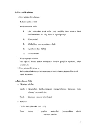 b. Riwayat Kesehatan
1. Riwayat penyakit sekarang
Keluhan utama : sesak
Riwayat keluhan utama :
P : klien mengtakan sesak nafas yang semakin lama semakin berat
dirasakan,seperti ada yang menekan diparu-parunya.
Q: Hilang timbul
R: sifat keluhan menetap pada area dada
S: Nyeri berat skala 4 (0-5)
T: saat beraktifitas
2. Riwayat penyakit dahulu
Kaji apakah pasien pernah mempunyai riwayat penyakit hipertensi, arteri
koroner, dll.
3. Riwayat penyakit keluarga
Kaji apakah ada keluarga pasien yang mempunyai riwayat penyakit hipertensi,
arteri koroner,dll.
c. Pemeriksaan Fisik
a. Aktivitas/ istirahat.
Gejala : Kelemahan, ketidakmampuan mempertahankan kebiasaan rutin,
dispnea karena aktivitas.
Tanda : Kelesuan( biasanya tahap lanjut).
b. Sirkulasi.
Gejala : JVD (obstruksi vena kava).
Bunyi jantung : gesekan pericardial (menunjukkan efusi).
Takikardi/ disritmia.
15
 