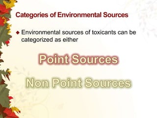 Categories of Environmental Sources
 Environmental

sources of toxicants can be
categorized as either

 