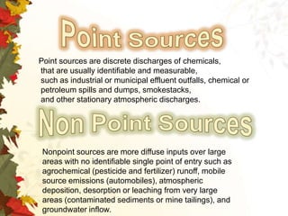 Point sources are discrete discharges of chemicals,
that are usually identifiable and measurable,
such as industrial or municipal effluent outfalls, chemical or
petroleum spills and dumps, smokestacks,
and other stationary atmospheric discharges.

Nonpoint sources are more diffuse inputs over large
areas with no identifiable single point of entry such as
agrochemical (pesticide and fertilizer) runoff, mobile
source emissions (automobiles), atmospheric
deposition, desorption or leaching from very large
areas (contaminated sediments or mine tailings), and
groundwater inflow.

 