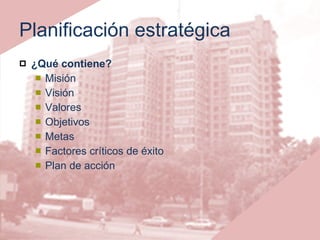 Planificación estratégica ¿Qué contiene? Misión Visión Valores Objetivos Metas Factores críticos de éxito Plan de acción 